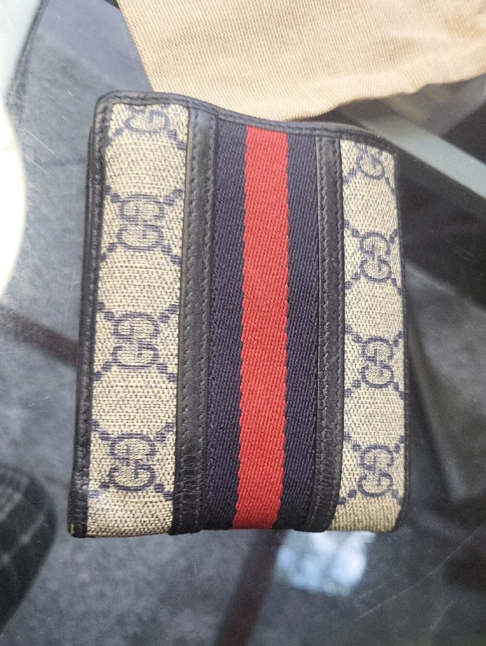 Gucci Beige GG Canvas Card Holder with Navy & Red Stripe